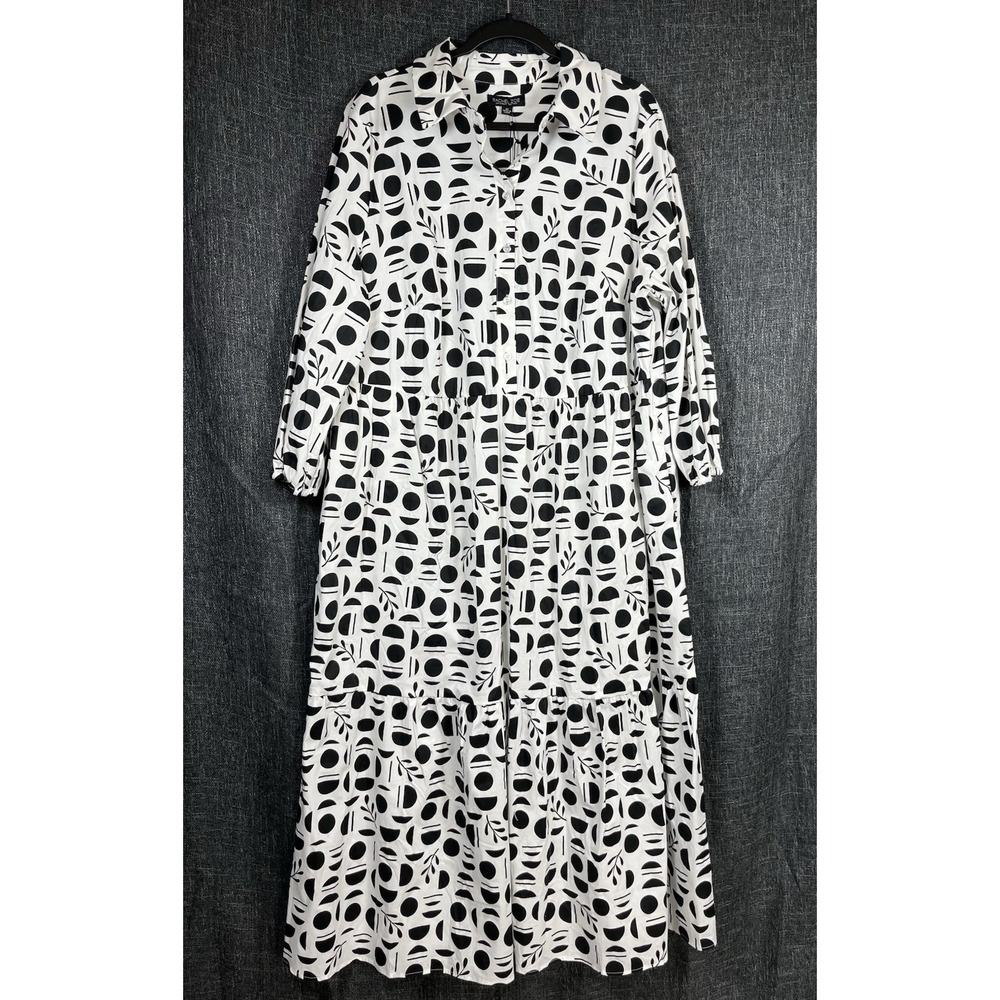 NWT Rachel Zoe Sz 2X Dress Maxi White Black Geometric Print Tiered Shirtdress